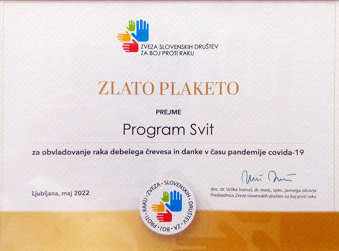 Program Svit od Zveze slovenskih društev za boj proti raku prejel zlato plaketo